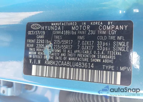 2020 Hyundai Kona Sel z USA, uszkodzony, nr VIN KM8K2CAA8LU483614